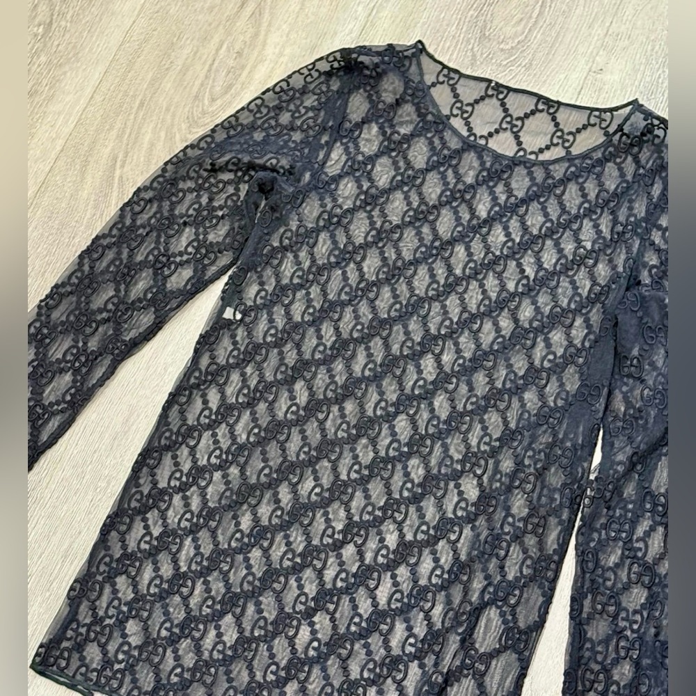 GUCCI Black GG Embroidered Tulle Sheer Top M - Picture 4 of 6